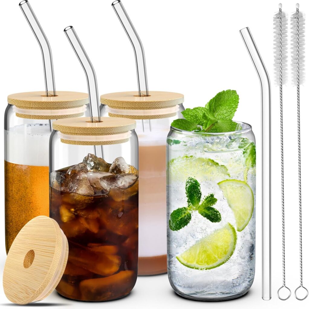 Glass Cups with Lids and Straws 16 oz, Glasses Drinking Set, Iced Coffee Cup with Bamboo Lids, Drinking Glasses Tumbler with Straw and Lid, Glass Can Coffee Cups, Drinking Glassware, 2 Brushes